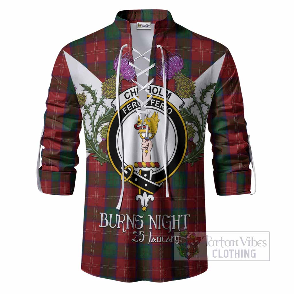Chisholm Tartan Family Crest Ghillie Shirt Scottish Burns Night Thistle Floral