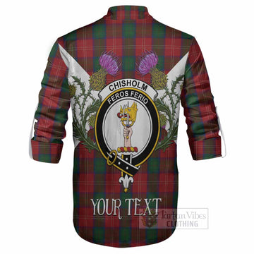 Chisholm Tartan Family Crest Ghillie Shirt Scottish Burns Night Thistle Floral