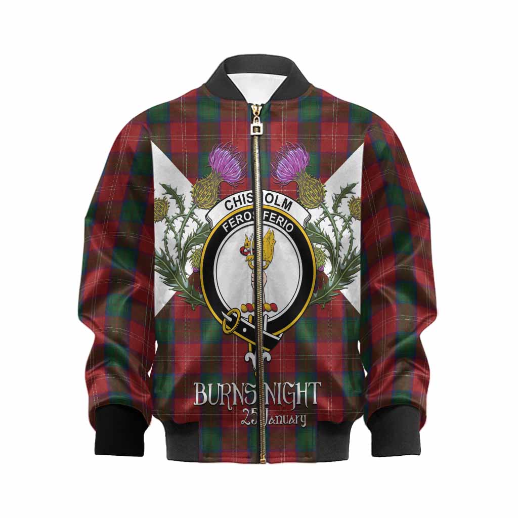 Chisholm Tartan Family Crest Kid Bomber Jacket Scottish Burns Night Thistle Floral