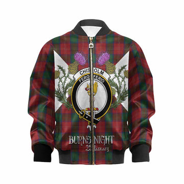 Chisholm Tartan Family Crest Kid Bomber Jacket Scottish Burns Night Thistle Floral