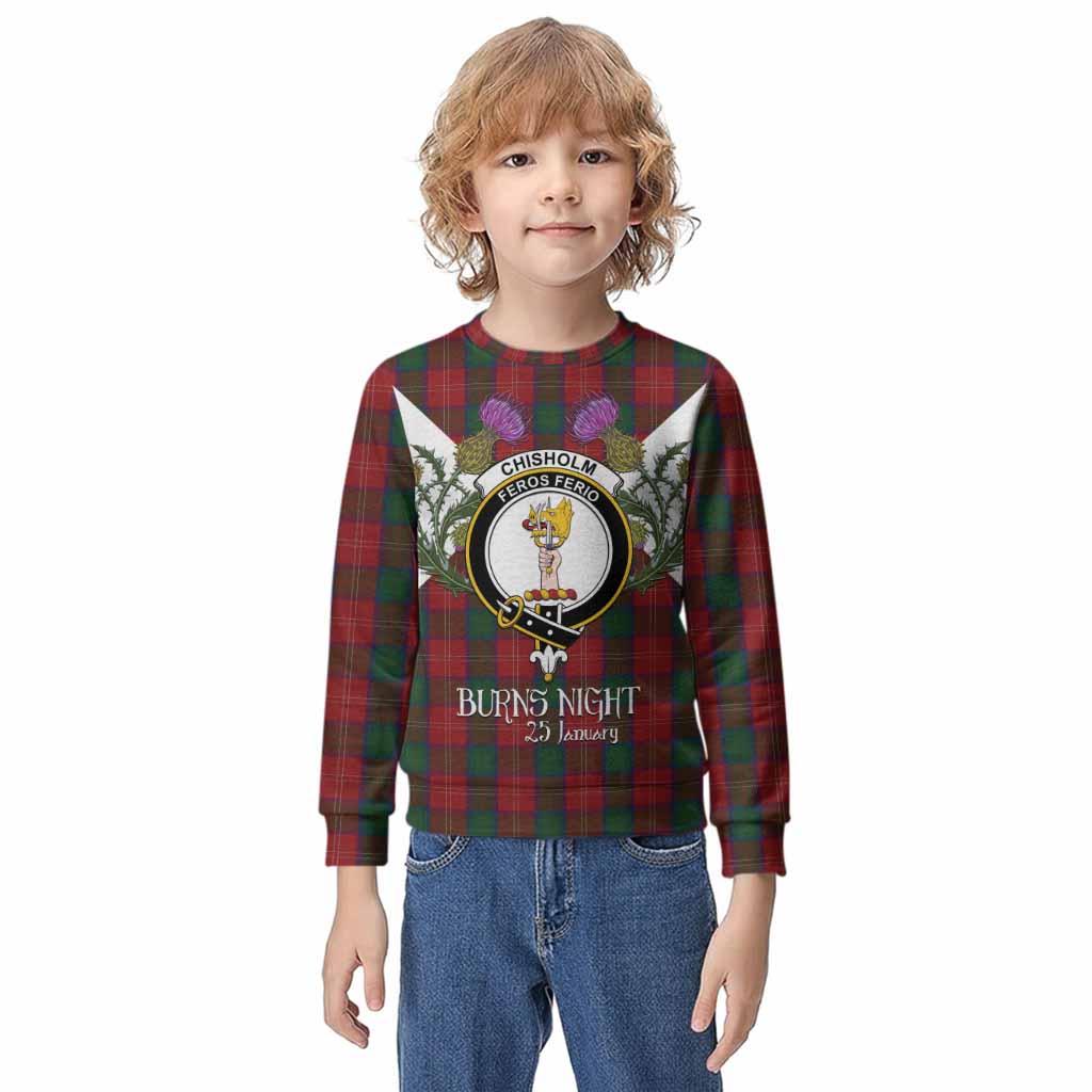 Chisholm Tartan Family Crest Kid Knitted Sweatshirt Scottish Burns Night Thistle Floral
