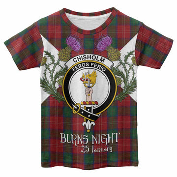 Chisholm Tartan Family Crest Kid T-shirt Scottish Burns Night Thistle Floral