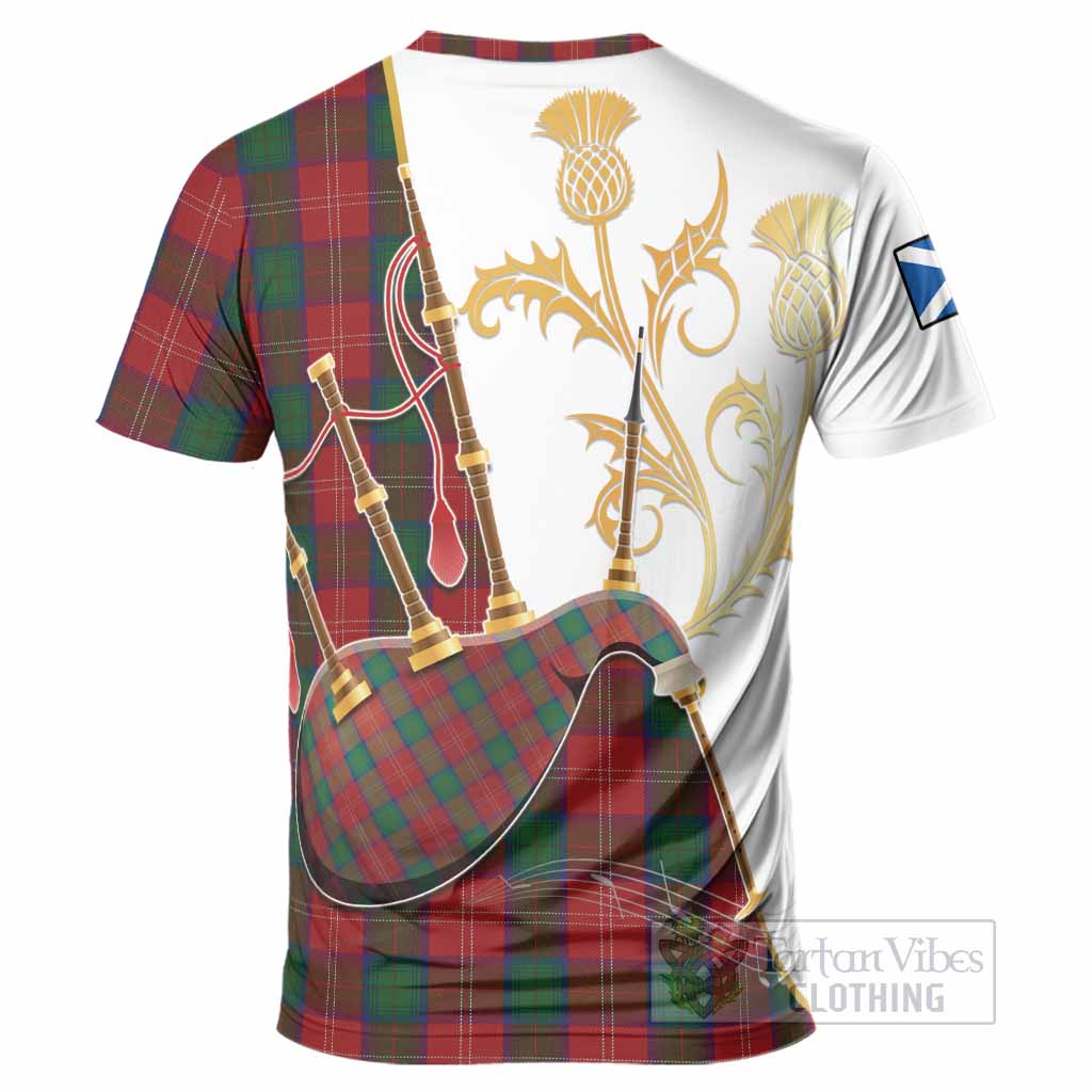 Chisholm Tartan Family Crest T-Shirt Bagpipes with Scottish Thistle