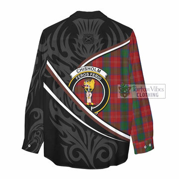 Chisholm Tartan Family Crest Women Casual Shirt Celtic Scottish Thistle Floral - Tartan Vibes Clothing