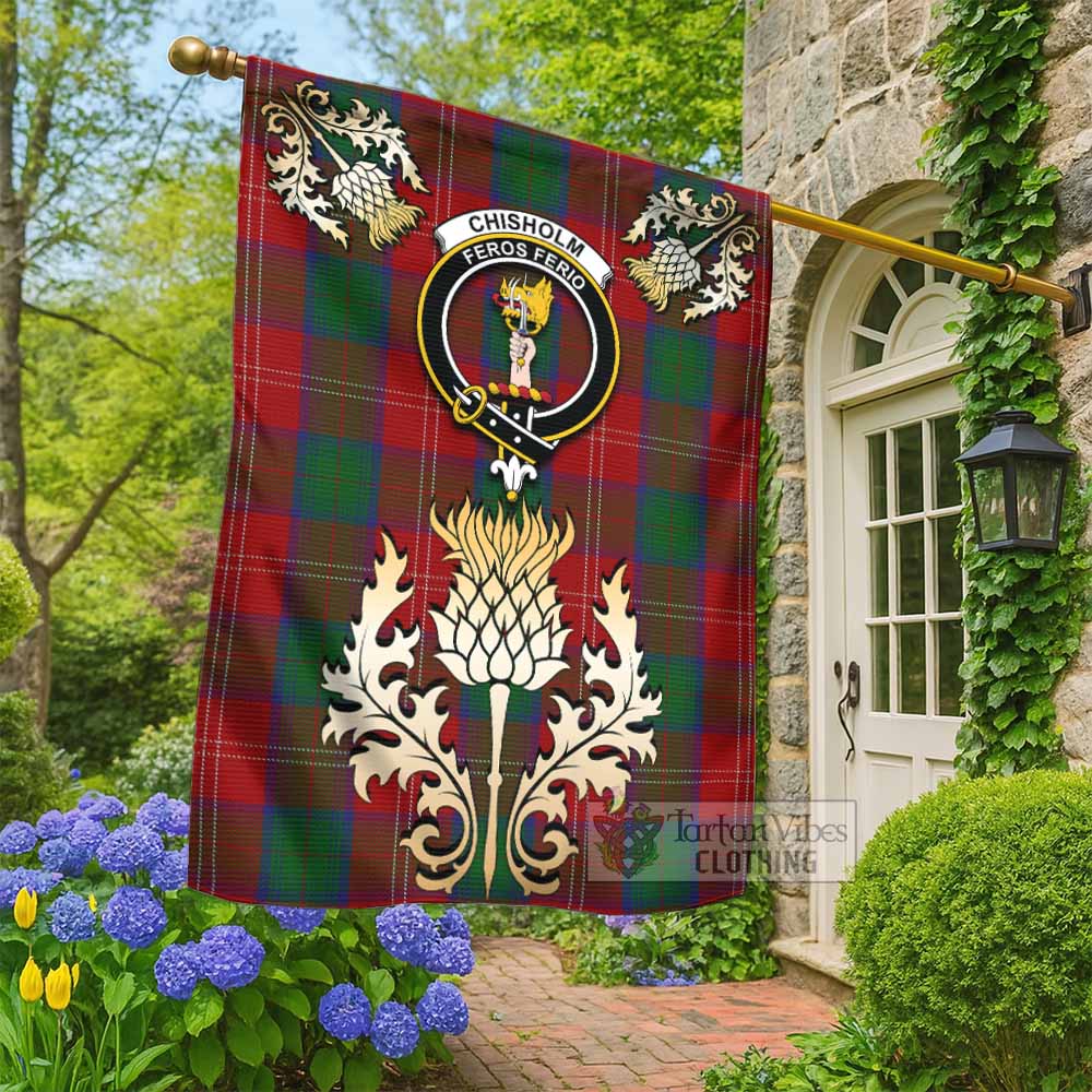Chisholm Tartan Garden Flag with Golden Regal Scottish Thistle Emblem - Tartan Vibes Clothing