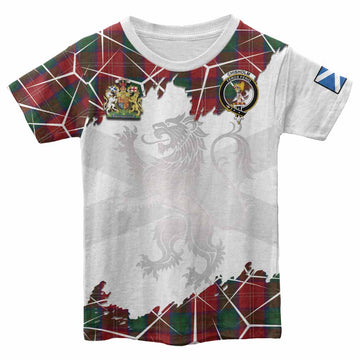Chisholm Tartan Kid T-shirt with Family Crest and Lion Rampant Grunge Style