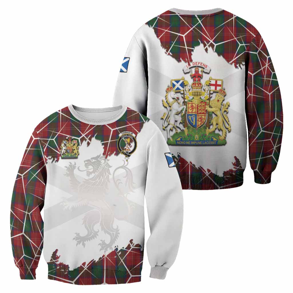 Chisholm Tartan Sweatshirt with Family Crest and Lion Rampant Grunge Style
