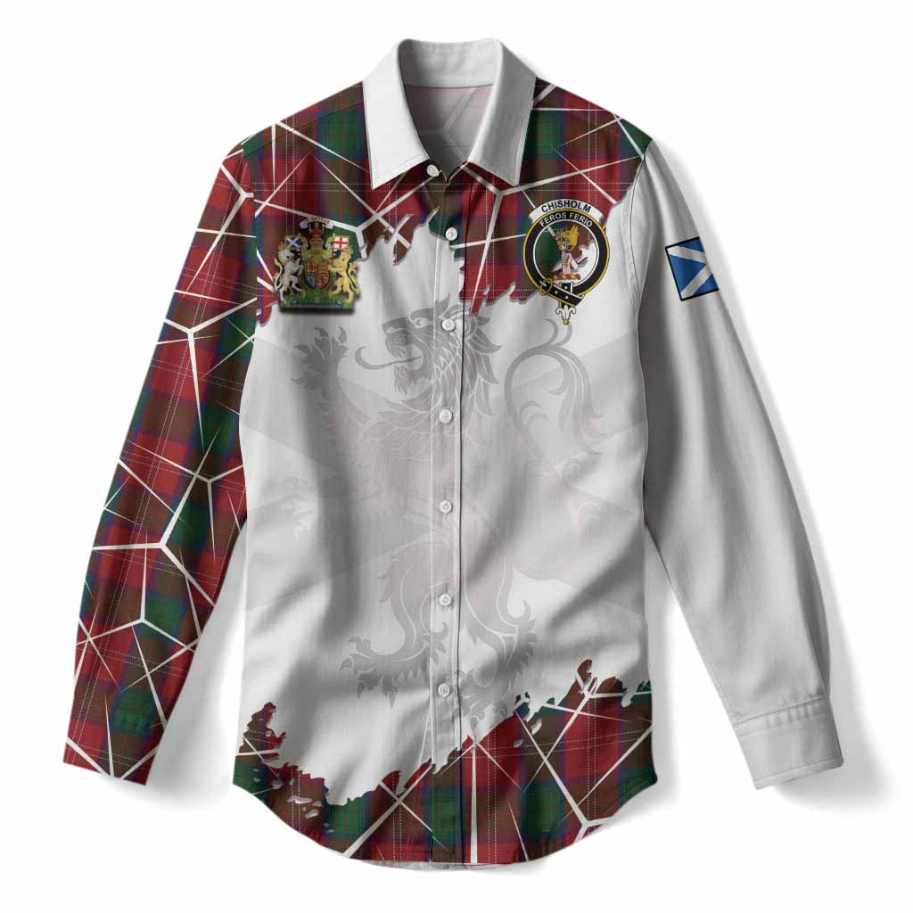 Chisholm Tartan Women Casual Shirt with Family Crest and Lion Rampant Grunge Style