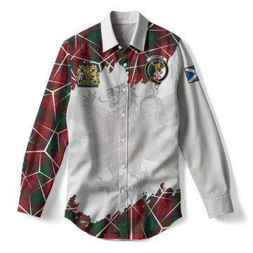 Chisholm Tartan Women Casual Shirt with Family Crest and Lion Rampant Grunge Style