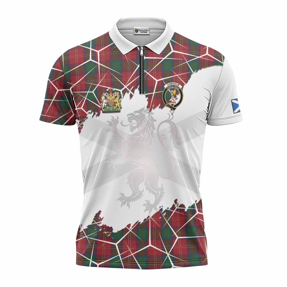 Chisholm Tartan Zipper Polo Shirt with Family Crest and Lion Rampant Grunge Style
