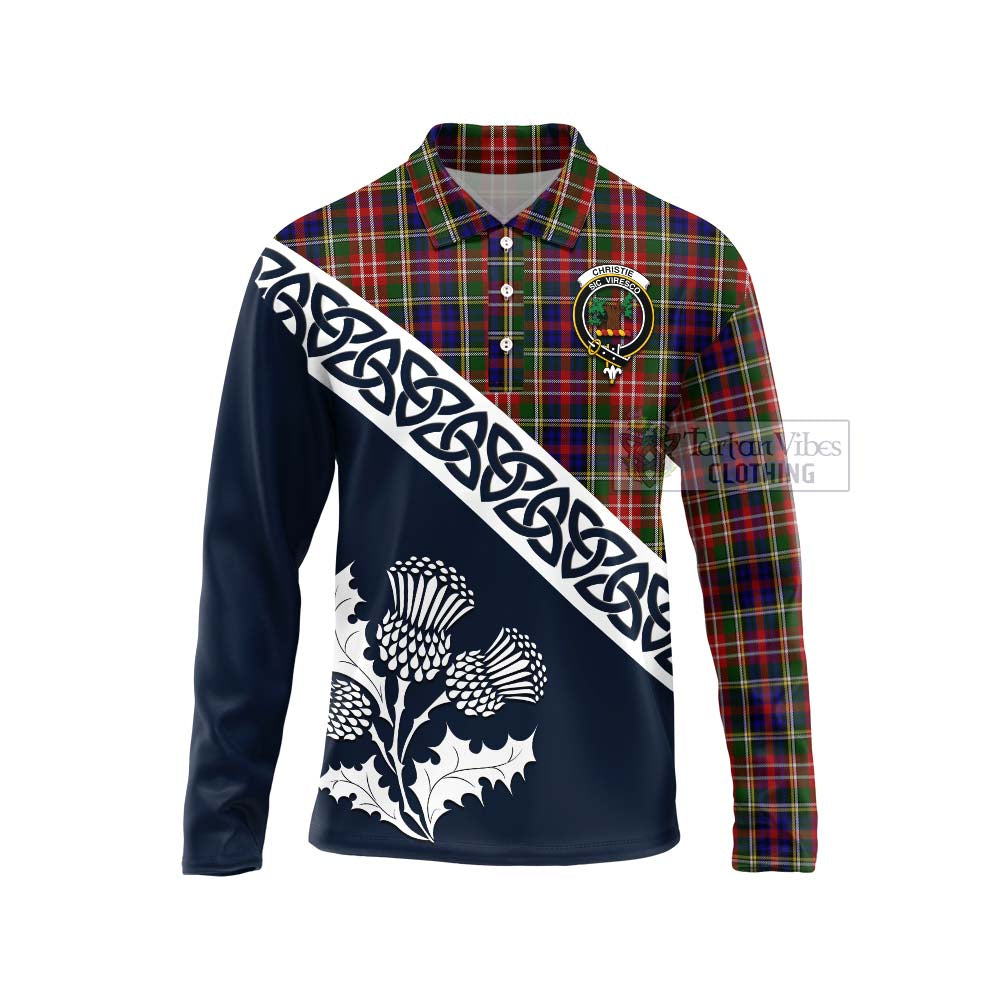 Tartan Vibes Clothing Christie Tartan Long Sleeve Polo Shirt Featuring Thistle and Scotland Map