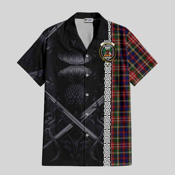 Tartan Vibes Clothing Christie Tartan Short Sleeve Button Shirt with Family Crest Cross Sword Thistle Celtic Vibes