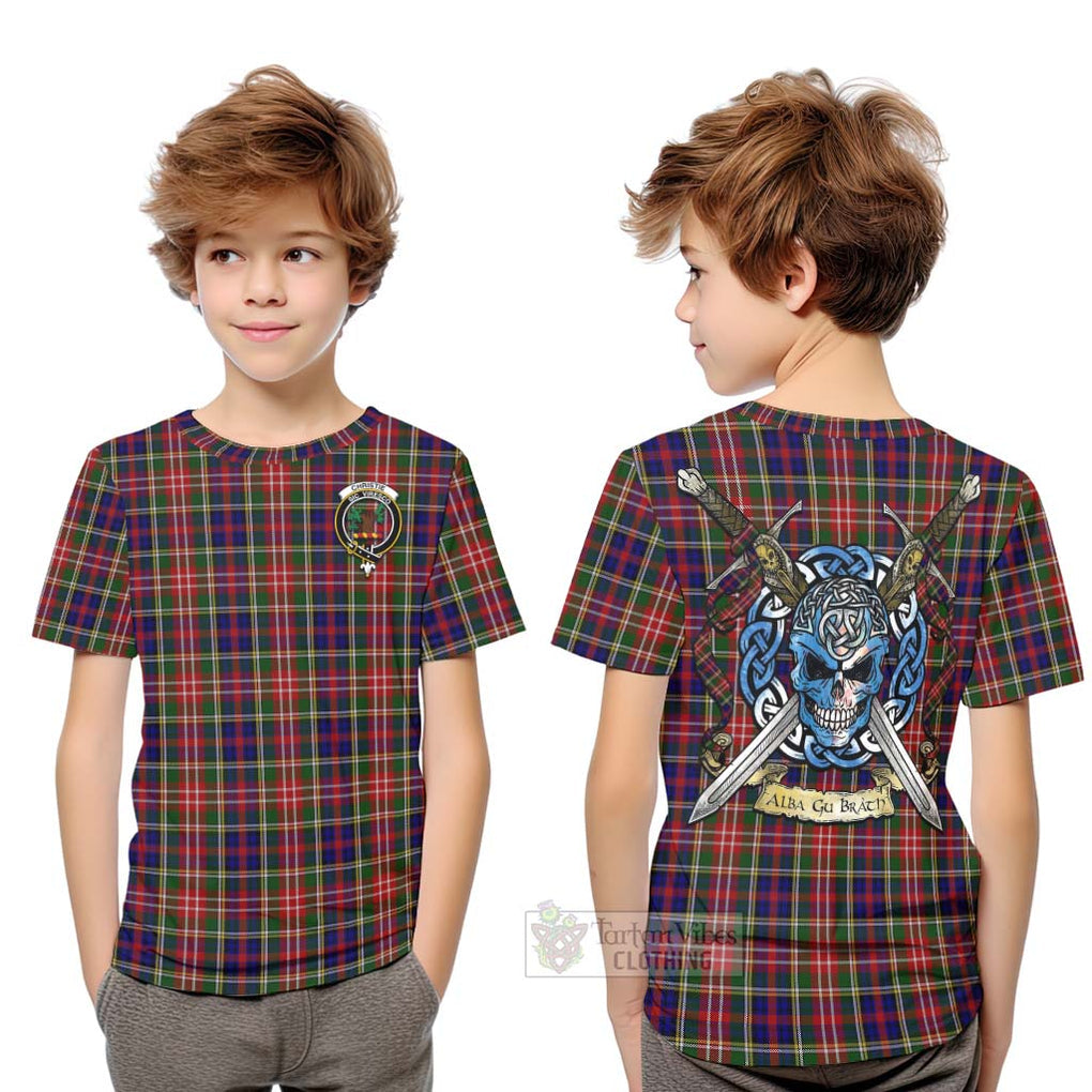 Tartan Vibes Clothing Christie Tartan Kid T-Shirt with Family Crest Celtic Skull Style