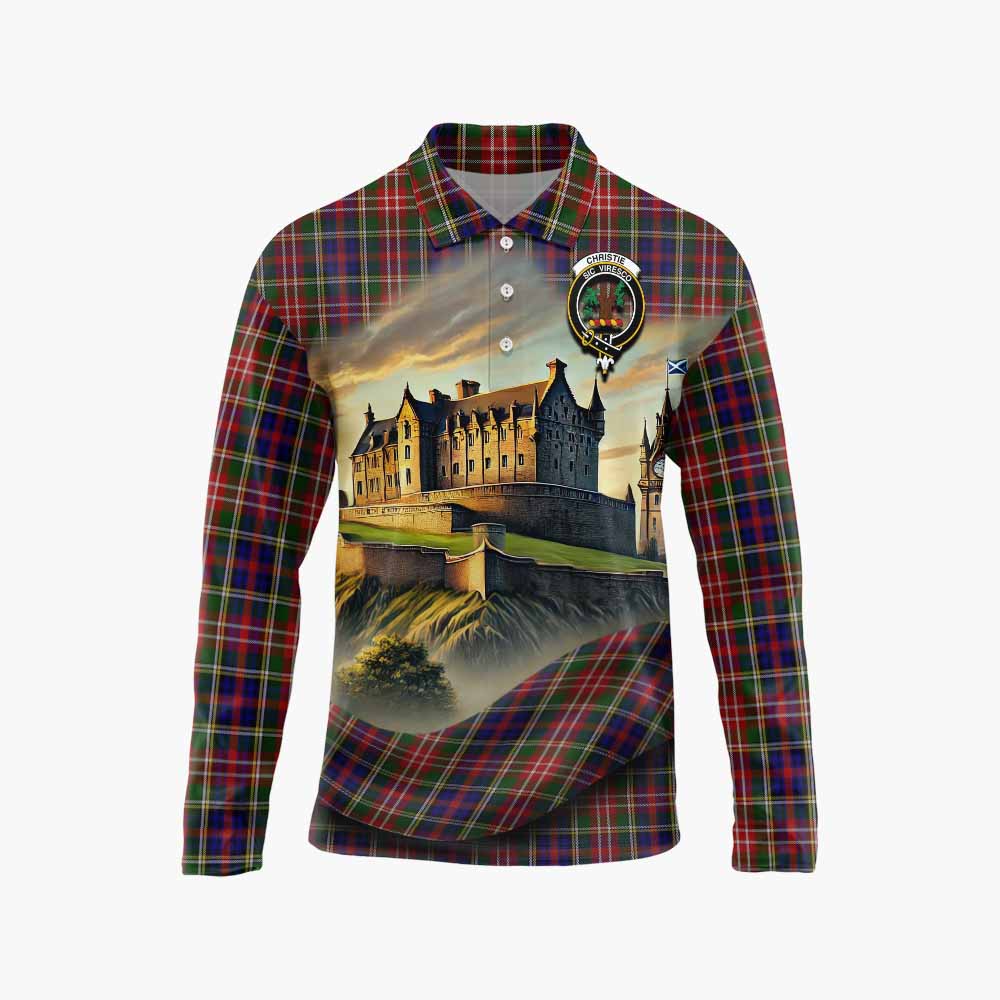 Tartan Vibes Clothing Christie Tartan Family Crest Long Sleeve Polo Shirt with Scottish Ancient Castle Style