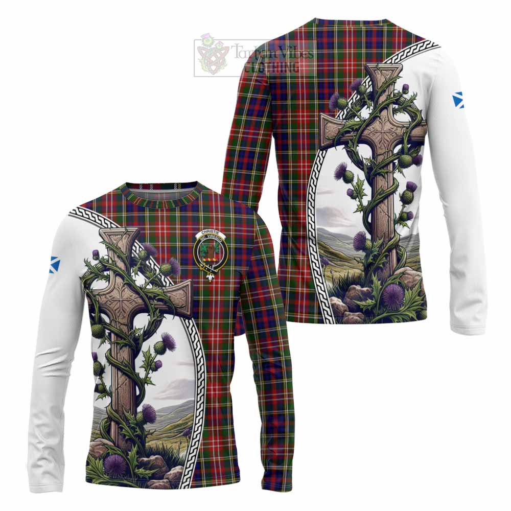 Tartan Vibes Clothing Christie Tartan Long Sleeve T-Shirt with Family Crest and St. Andrew's Cross Accented by Thistle Vines