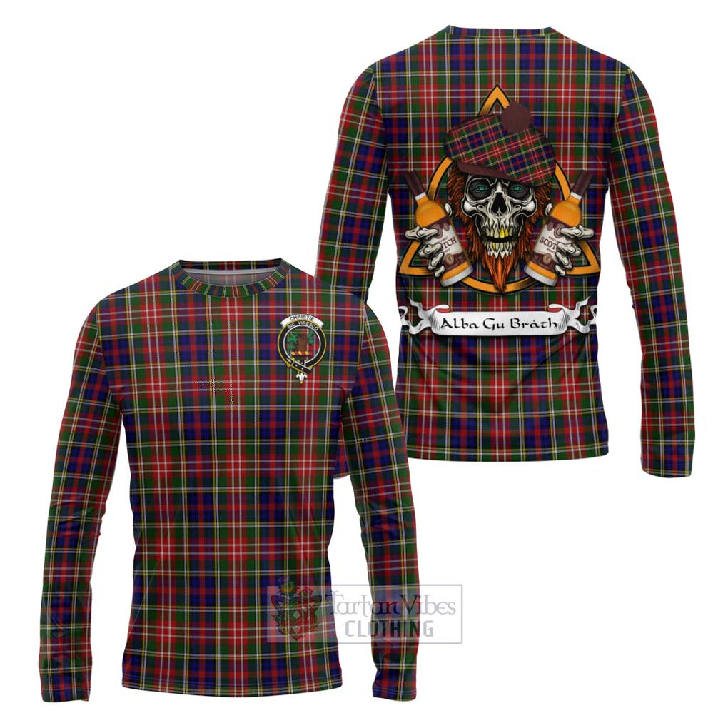 Tartan Vibes Clothing Christie Tartan Long Sleeve T-Shirt with Family Crest and Bearded Skull Holding Bottles of Whiskey