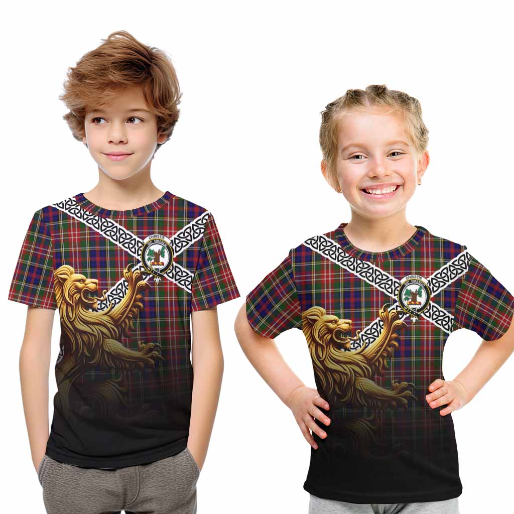 Tartan Vibes Clothing Christie Crest Tartan Kid T-Shirt with Golden Lion Emblem Celtic Style
