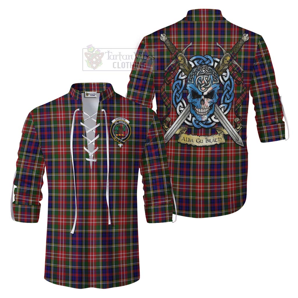 Tartan Vibes Clothing Christie Tartan Ghillie Kilt Shirt with Family Crest Celtic Skull Style