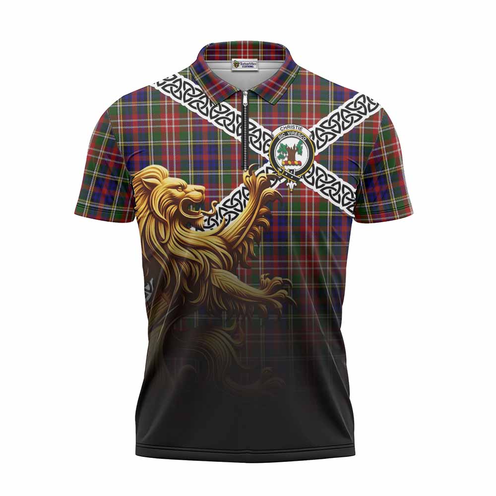 Tartan Vibes Clothing Christie Crest Tartan Zipper Polo Shirt with Golden Lion Emblem Celtic Style