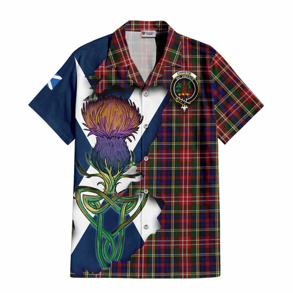 Tartan Vibes Clothing Christie Tartan Family Crest Short Sleeve Button Shirt Scottish Thistle Celtic Inspired