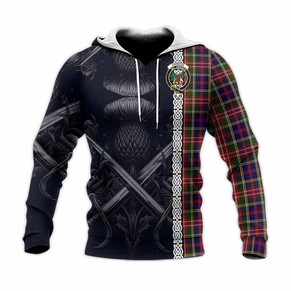 Tartan Vibes Clothing Christie Tartan Knitted Hoodie with Family Crest Cross Sword Thistle Celtic Vibes