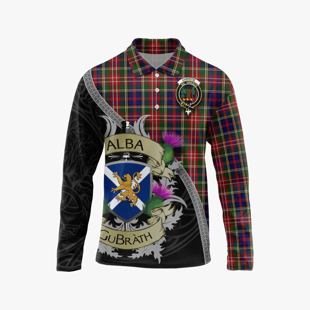 Tartan Vibes Clothing Christie Tartan Family Crest Long Sleeve Polo Shirt Lion Rampant Royal Thistle Shield Celtic Inspired