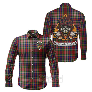 Christie Tartan Long Sleeve Button Shirt with Family Crest and Bearded Skull Holding Bottles of Whiskey