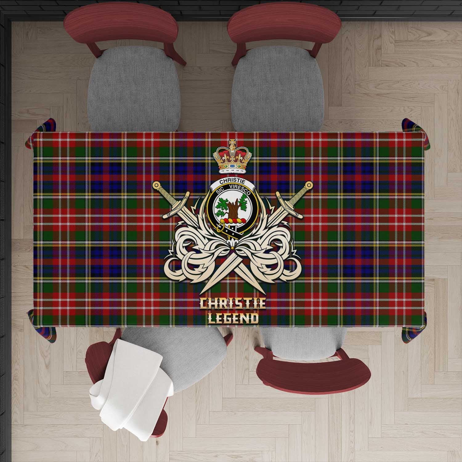 Tartan Vibes Clothing Christie Tartan Tablecloth with Clan Crest and the Golden Sword of Courageous Legacy