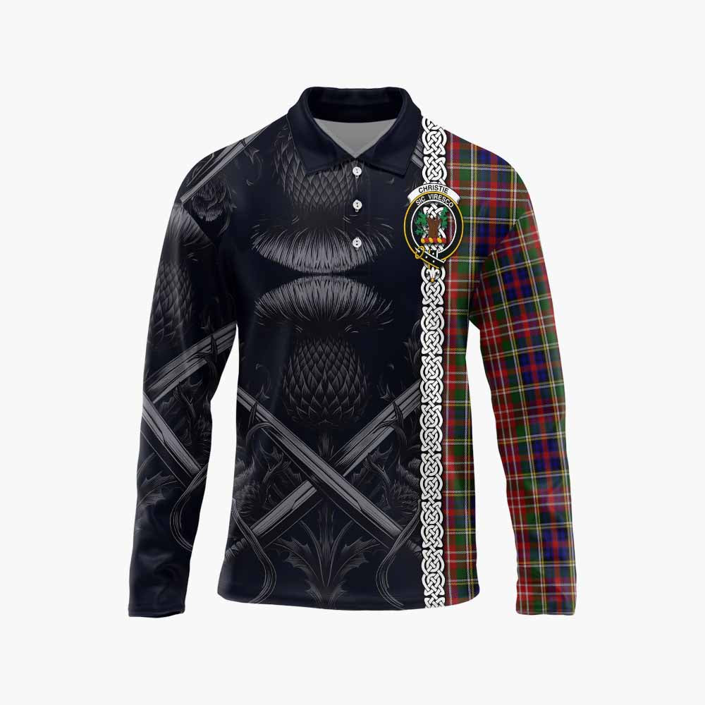 Tartan Vibes Clothing Christie Tartan Long Sleeve Polo Shirt with Family Crest Cross Sword Thistle Celtic Vibes