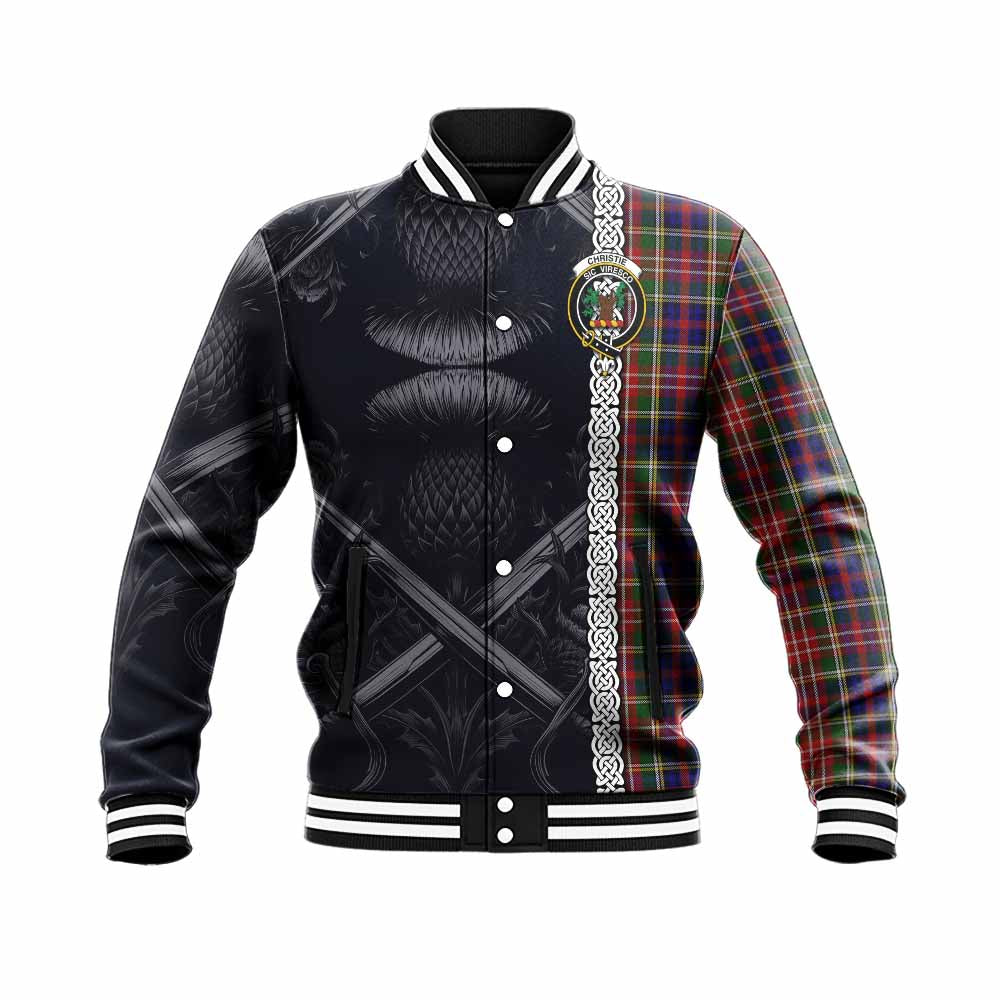 Tartan Vibes Clothing Christie Tartan Baseball Jacket with Family Crest Cross Sword Thistle Celtic Vibes