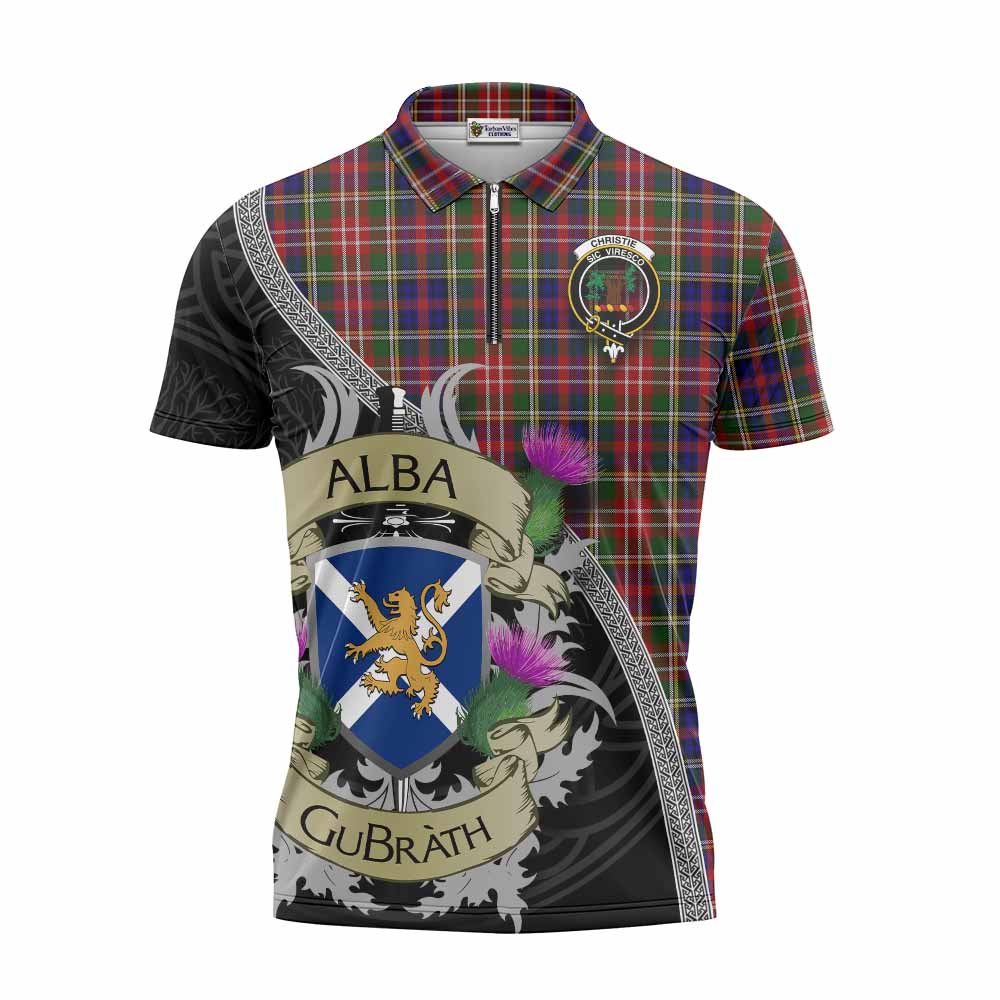 Tartan Vibes Clothing Christie Tartan Family Crest Zipper Polo Shirt Lion Rampant Royal Thistle Shield Celtic Inspired