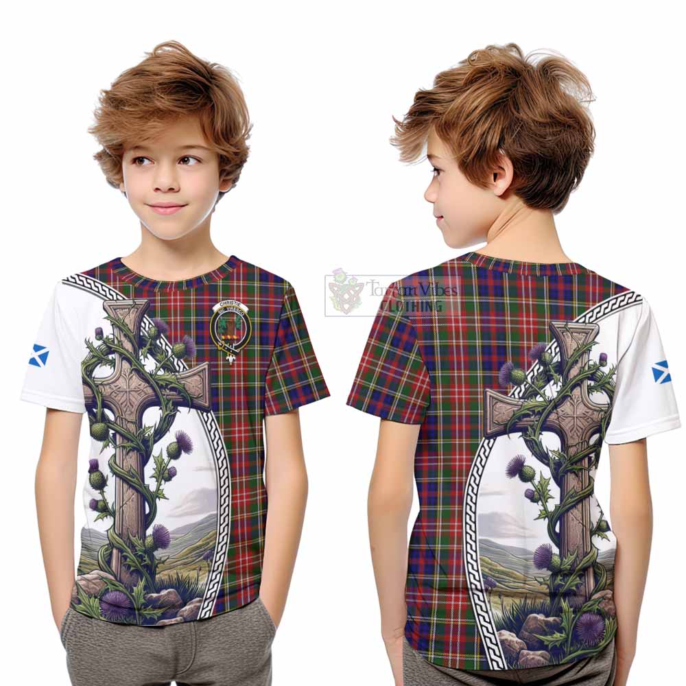Tartan Vibes Clothing Christie Tartan Kid T-Shirt with Family Crest and St. Andrew's Cross Accented by Thistle Vines