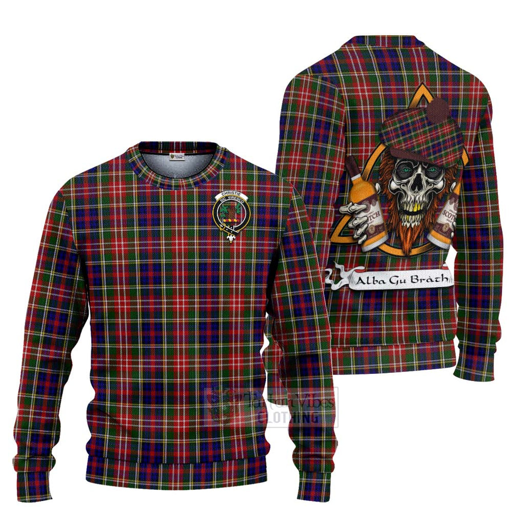 Tartan Vibes Clothing Christie Tartan Knitted Sweater with Family Crest and Bearded Skull Holding Bottles of Whiskey