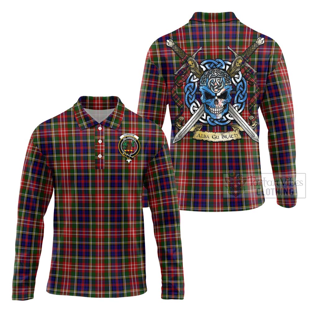 Tartan Vibes Clothing Christie Tartan Long Sleeve Polo Shirt with Family Crest Celtic Skull Style