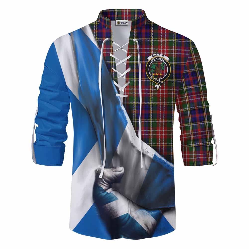 Tartan Vibes Clothing Christie Tartan Ghillie Kilt Shirt with Family Crest Scotland Patriotic Style