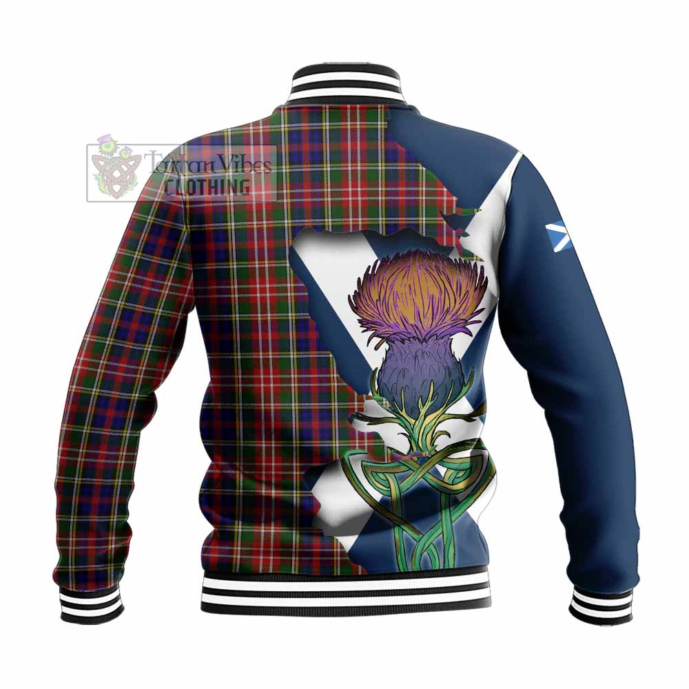 Tartan Vibes Clothing Christie Tartan Family Crest Baseball Jacket Scottish Thistle Celtic Inspired