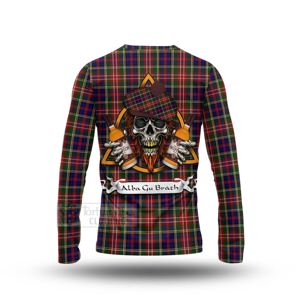 Tartan Vibes Clothing Christie Tartan Long Sleeve T-Shirt with Family Crest and Bearded Skull Holding Bottles of Whiskey