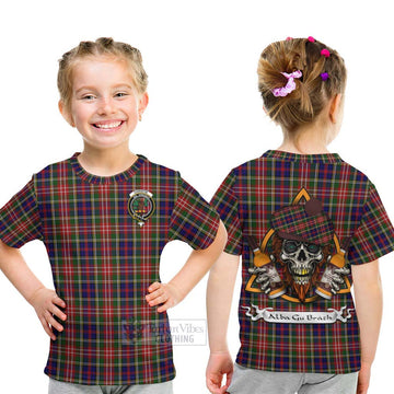 Tartan Vibes Clothing Christie Tartan Kid T-Shirt with Family Crest and Bearded Skull Holding Bottles of Whiskey