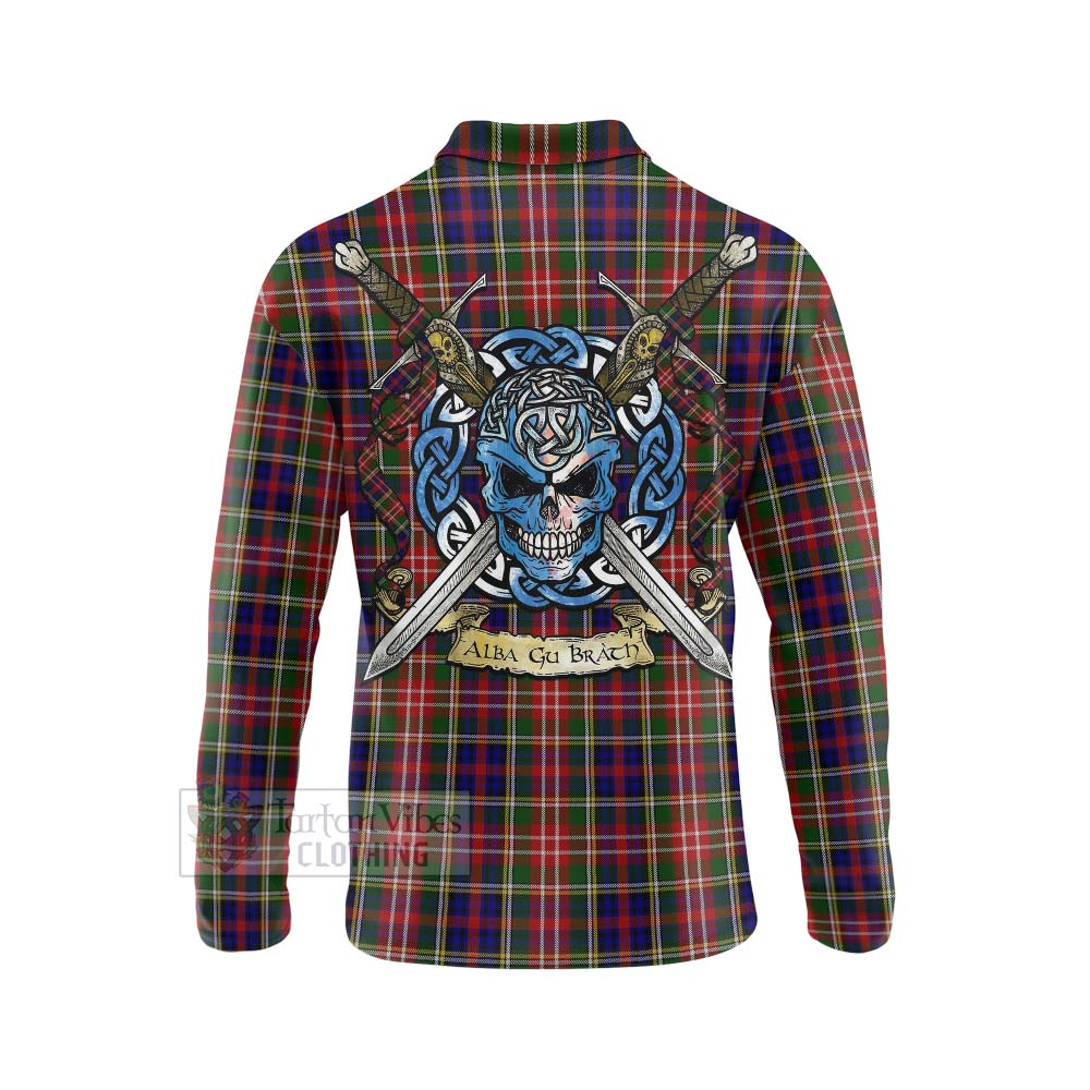 Tartan Vibes Clothing Christie Tartan Long Sleeve Polo Shirt with Family Crest Celtic Skull Style