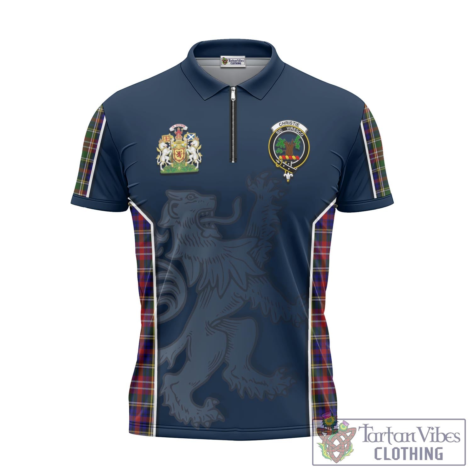 Tartan Vibes Clothing Christie Tartan Zipper Polo Shirt with Family Crest and Lion Rampant Vibes Sport Style