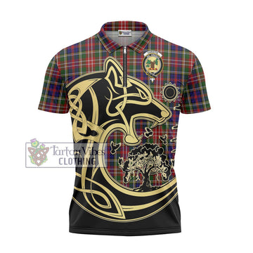 Christie Tartan Zipper Polo Shirt with Family Crest Celtic Wolf Style - Tartanvibesclothing Shop