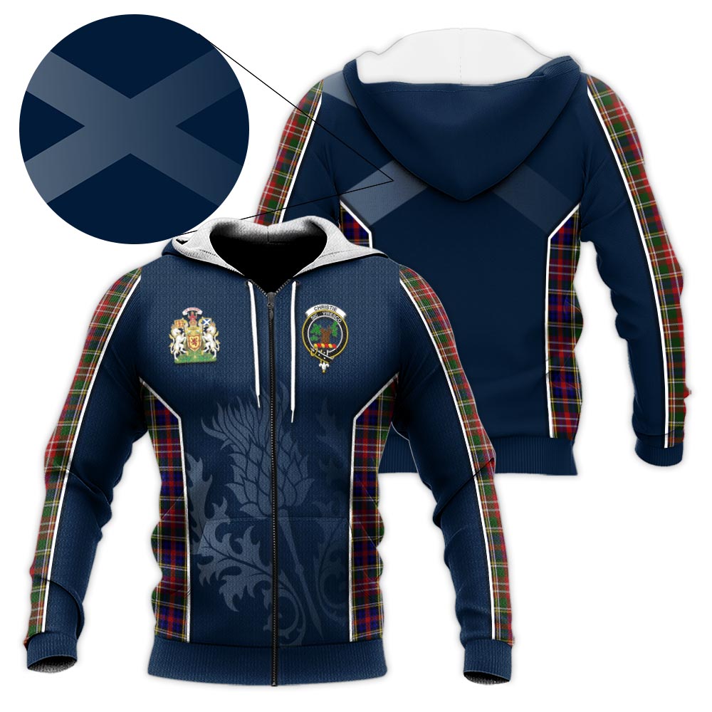 Tartan Vibes Clothing Christie Tartan Knitted Hoodie with Family Crest and Scottish Thistle Vibes Sport Style