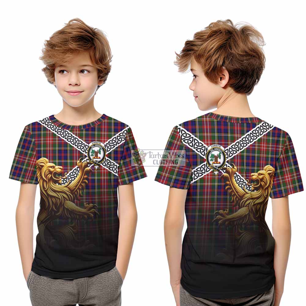 Tartan Vibes Clothing Christie Crest Tartan Kid T-Shirt with Golden Lion Emblem Celtic Style
