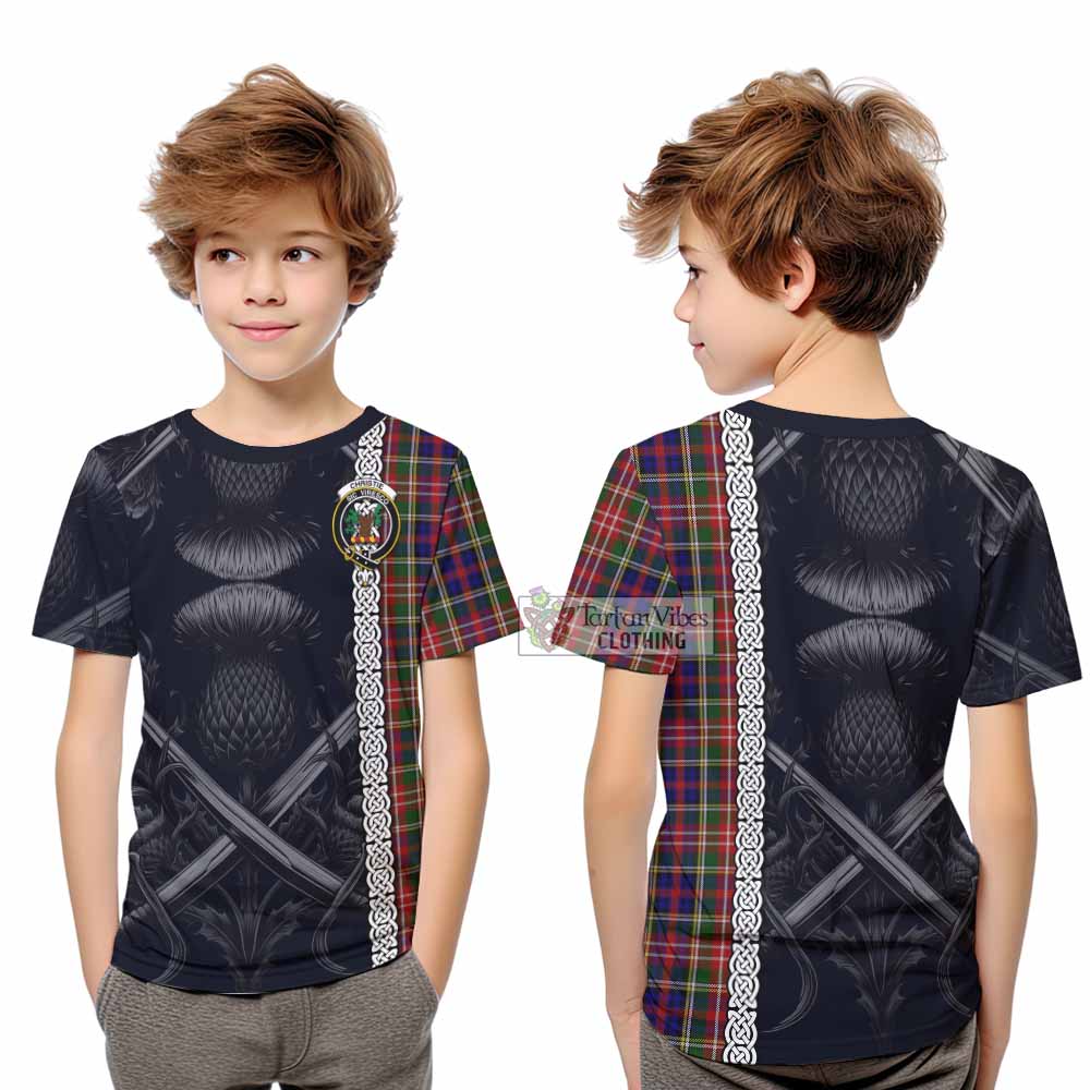 Tartan Vibes Clothing Christie Tartan Kid T-Shirt with Family Crest Cross Sword Thistle Celtic Vibes