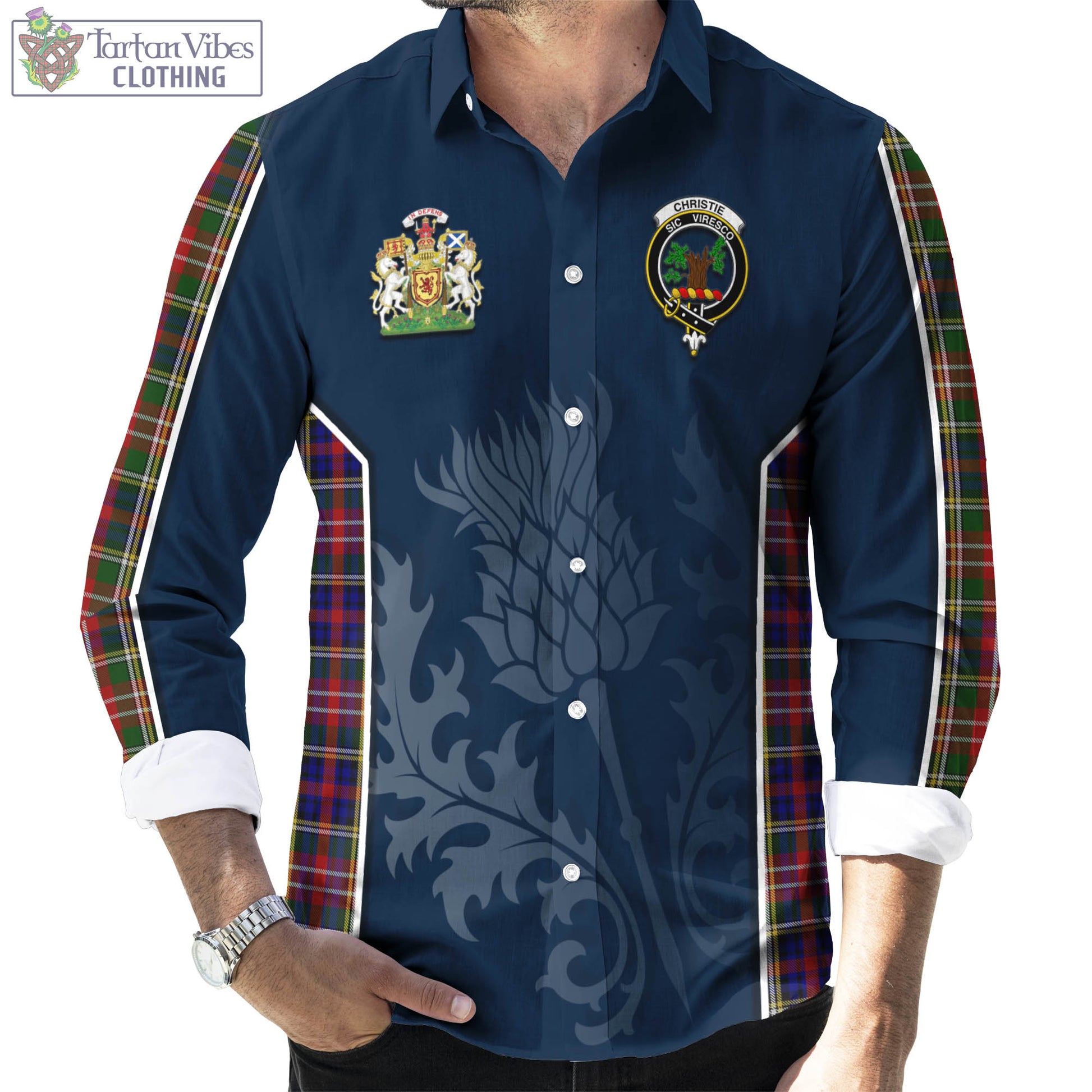 Tartan Vibes Clothing Christie Tartan Long Sleeve Button Up Shirt with Family Crest and Scottish Thistle Vibes Sport Style