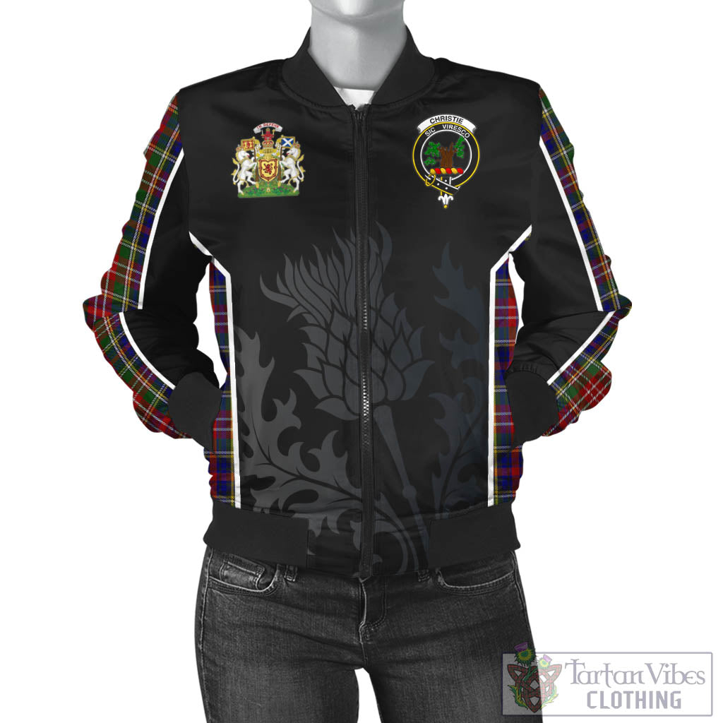 Tartan Vibes Clothing Christie Tartan Bomber Jacket with Family Crest and Scottish Thistle Vibes Sport Style