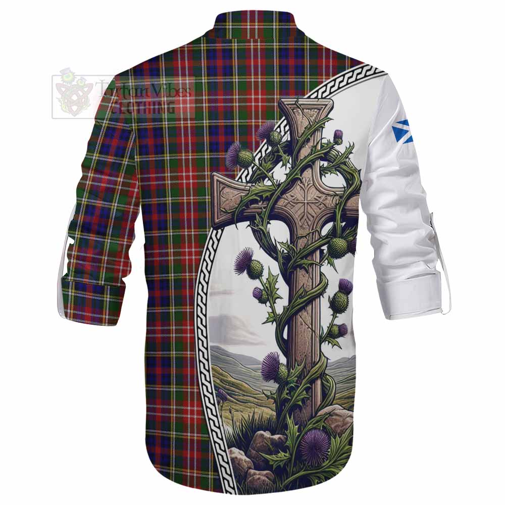 Tartan Vibes Clothing Christie Tartan Ghillie Kilt Shirt with Family Crest and St. Andrew's Cross Accented by Thistle Vines