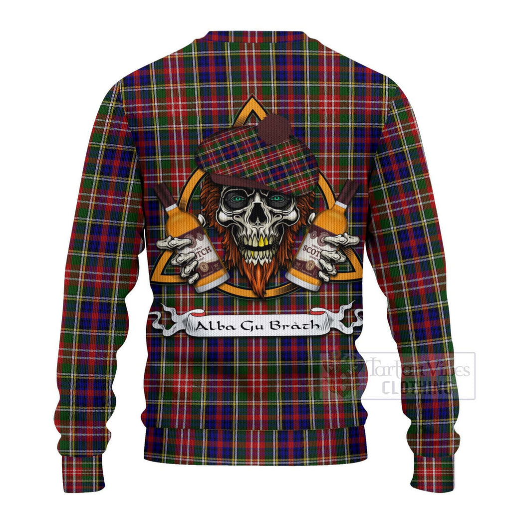 Tartan Vibes Clothing Christie Tartan Knitted Sweater with Family Crest and Bearded Skull Holding Bottles of Whiskey