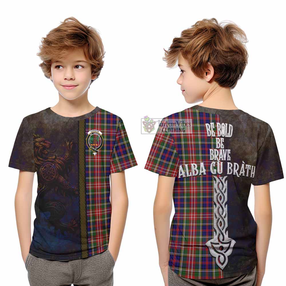 Tartan Vibes Clothing Christie Tartan Family Crest Kid T-Shirt Alba Gu Brath Be Brave Lion Ancient Style