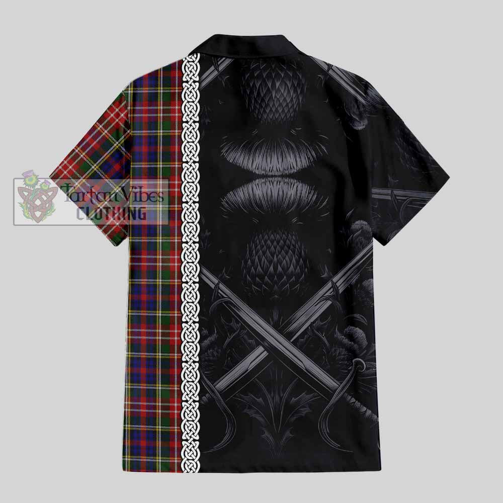 Tartan Vibes Clothing Christie Tartan Short Sleeve Button Shirt with Family Crest Cross Sword Thistle Celtic Vibes